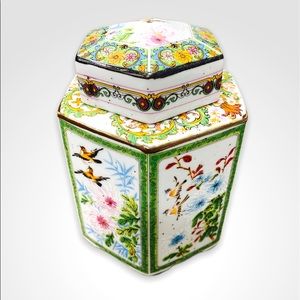 Vtg. Singed Hexagon Ginger Jar w/ Birds & Flowers